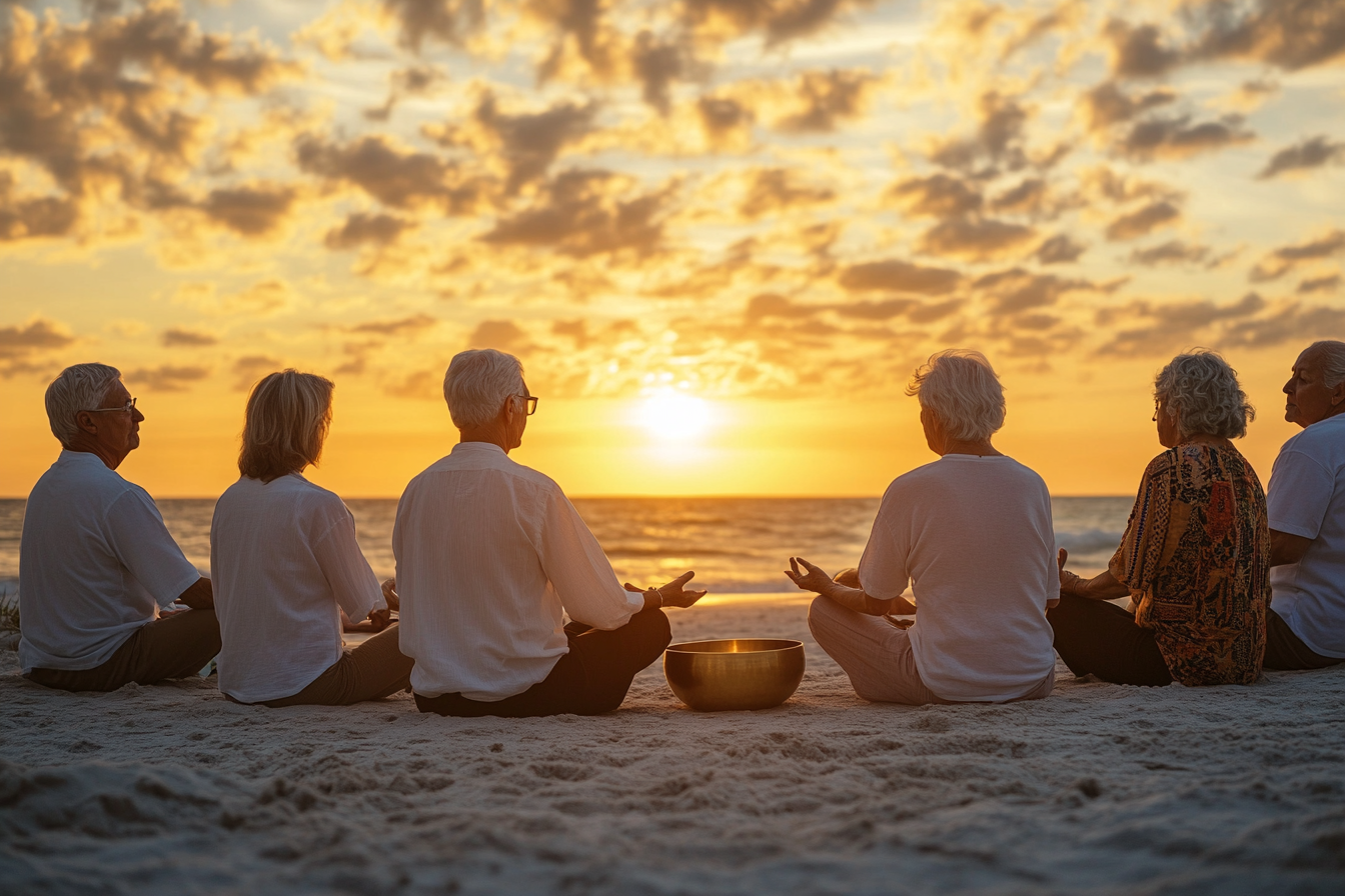 Група старших людей практикує йогу
