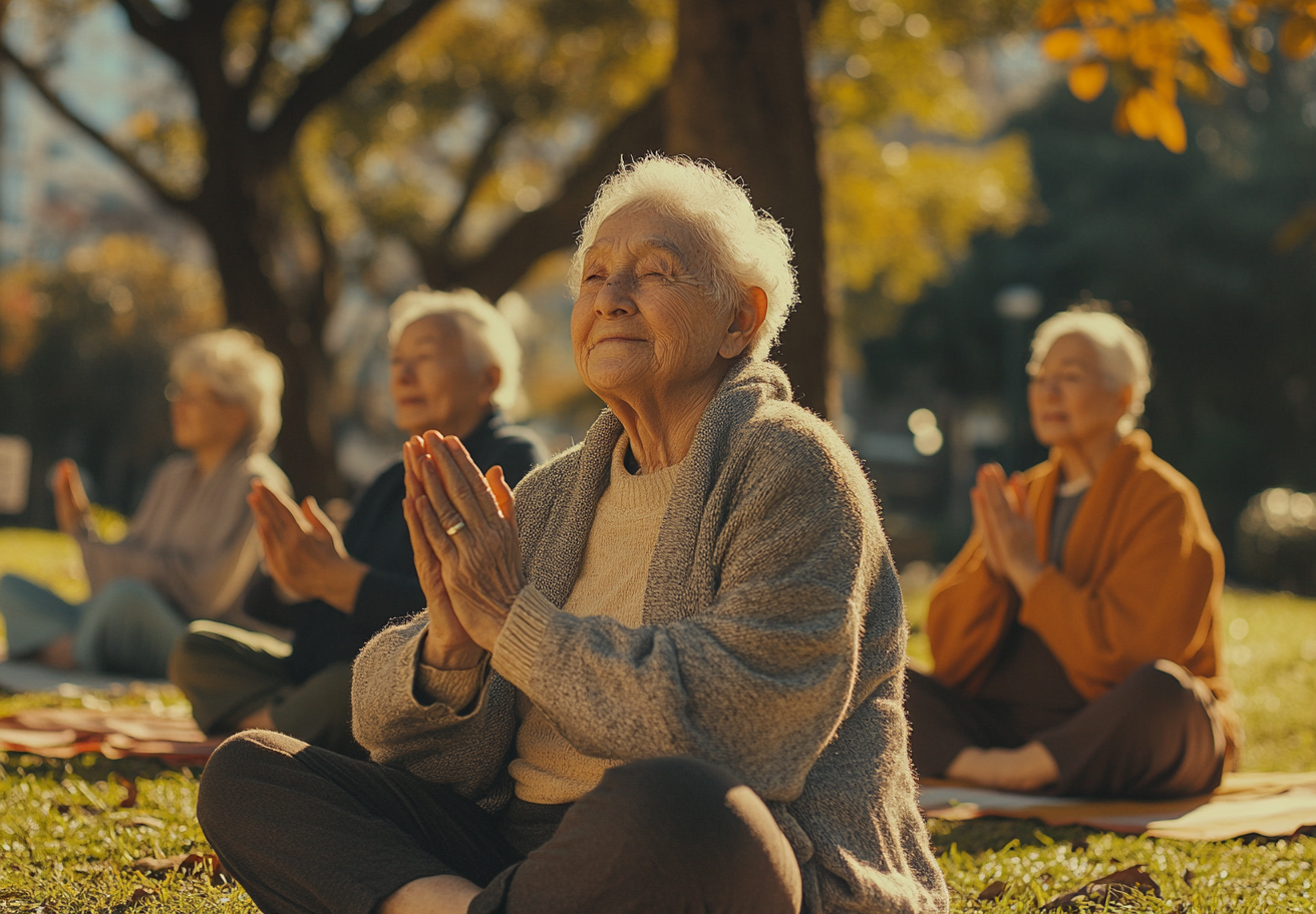 Група старших людей практикує йогу